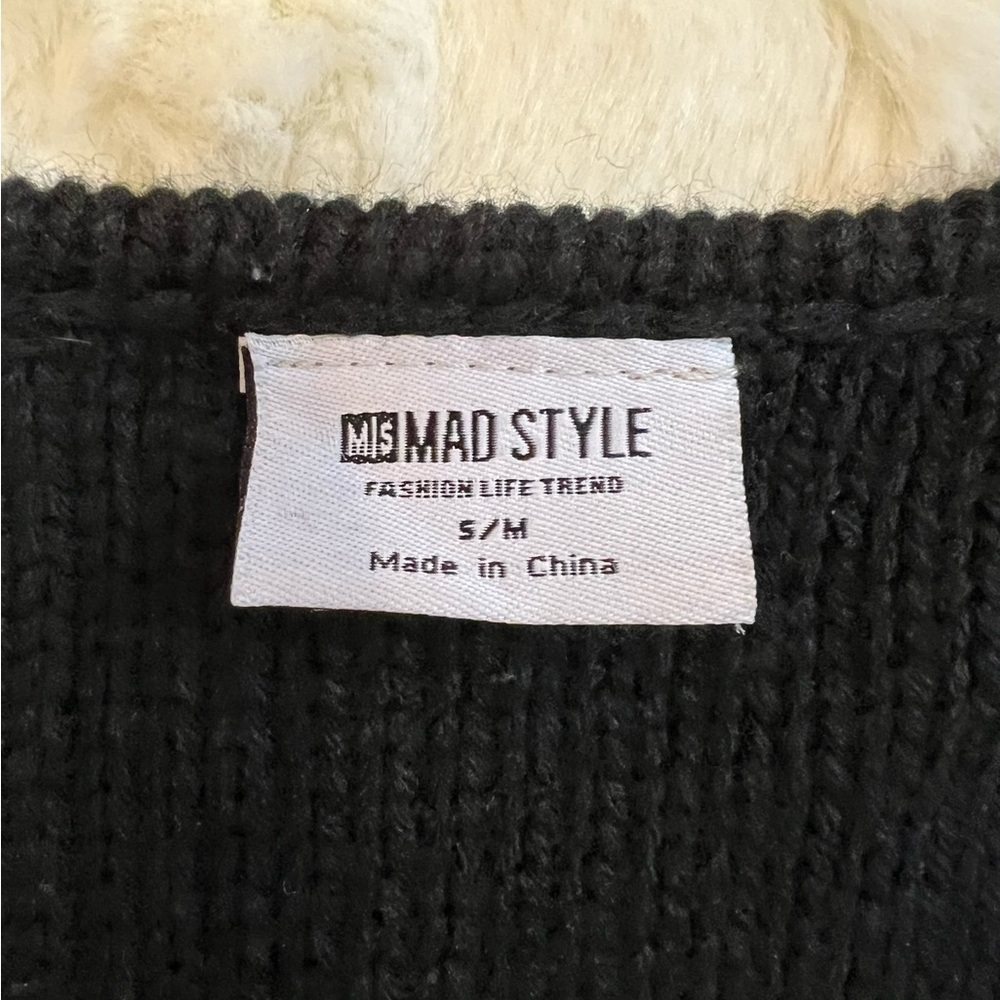 MS Mad Style Cardigan Black/White Fuzzy Long Knit S/M - Picture 6 of 7